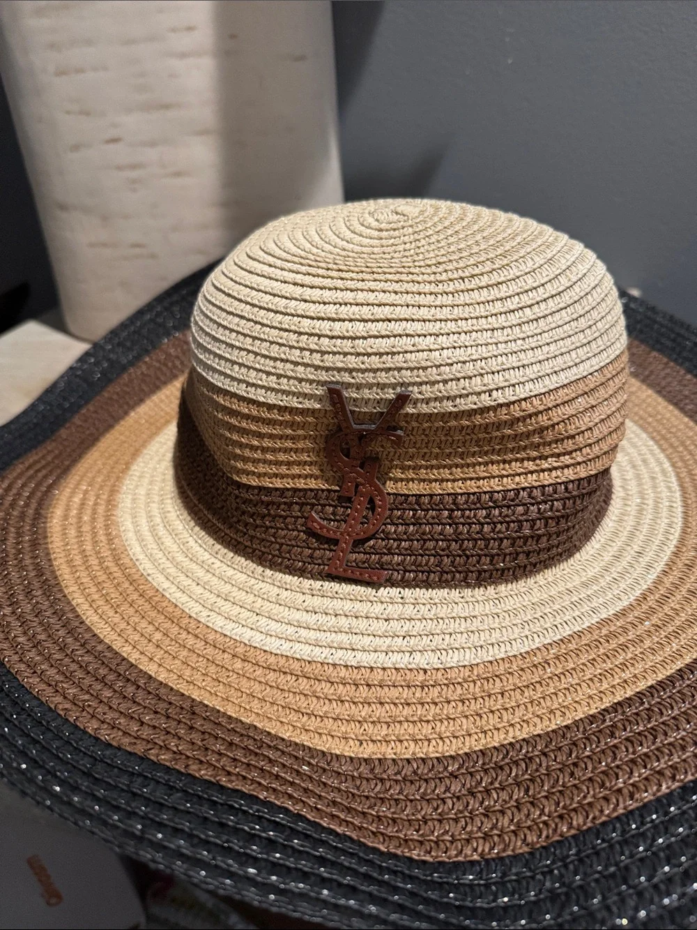 Striped Straw Tote and Matching Hat Set in Brown and Cream